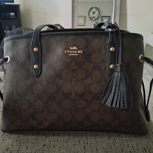 Coach Signature Brown and Black Shoulder Bag with Leather Trim